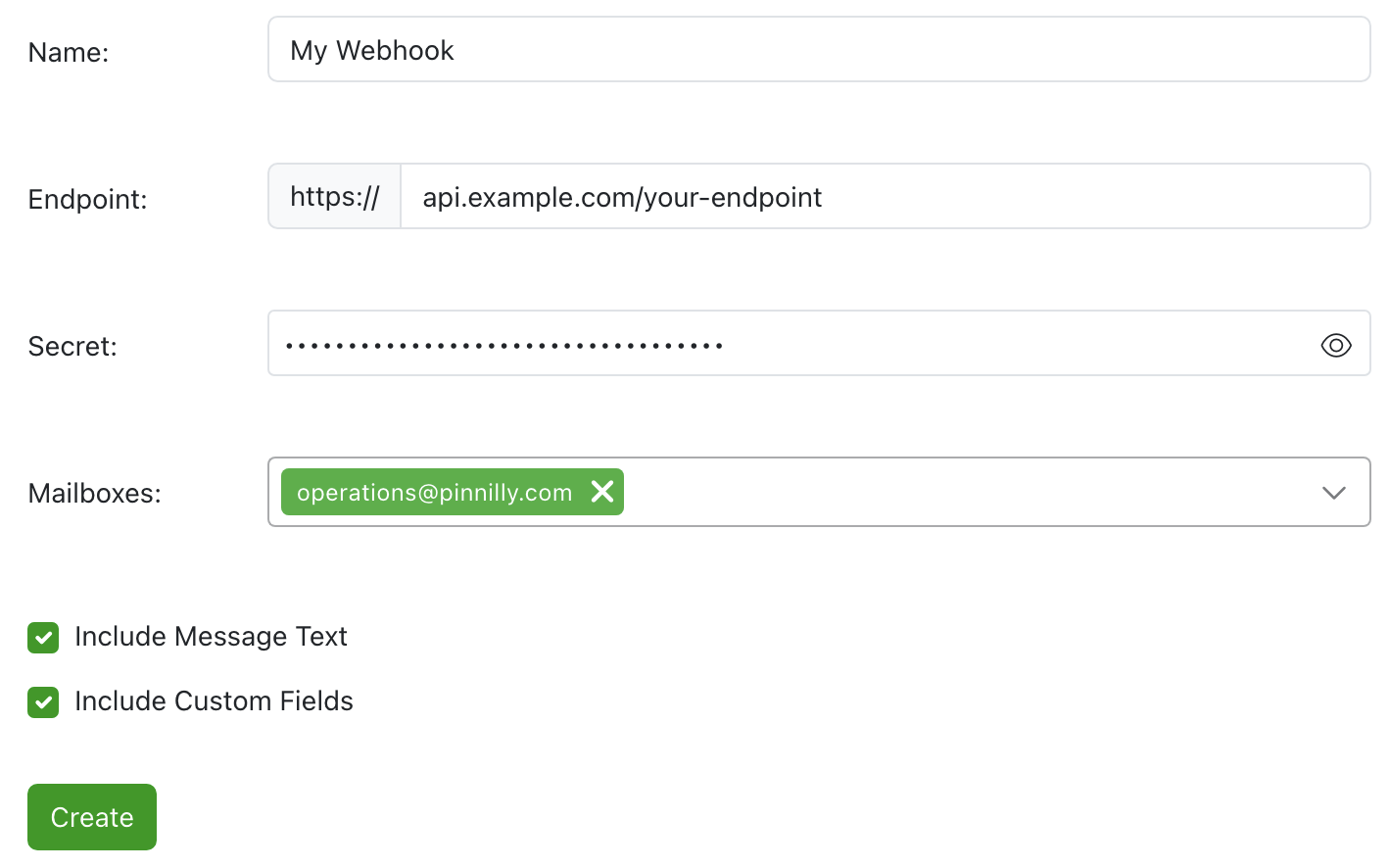 The Add Webhook page in Emailgistics Admin